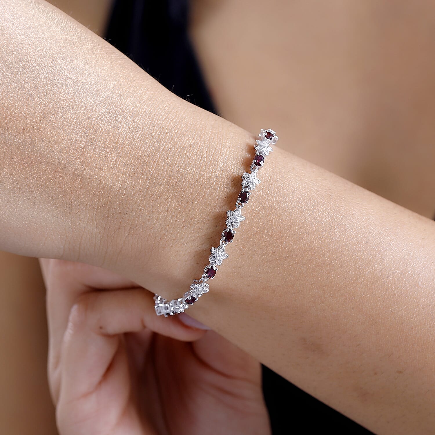 D'Joy Premium Anthill Garnet and Moissanite 4.80 ctw Flower Bracelet in Rhodium Over Sterling Silver (6.50 In)