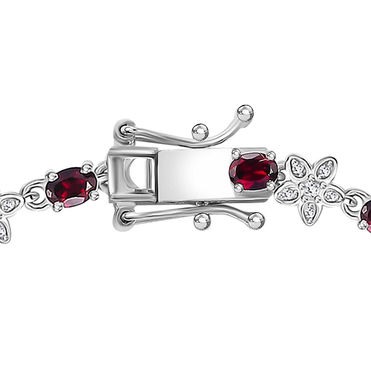 D'Joy Premium Anthill Garnet and Moissanite 4.80 ctw Flower Bracelet in Rhodium Over Sterling Silver (6.50 In)
