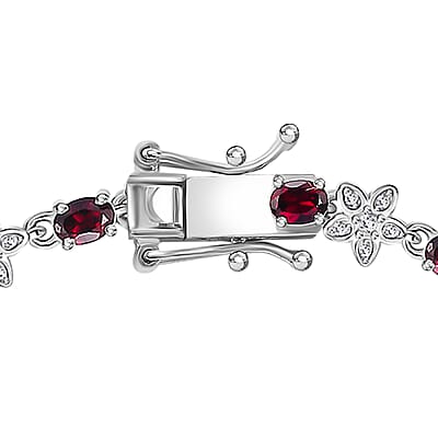 D'Joy Premium Anthill Garnet and Moissanite 4.80 ctw Flower Bracelet in Rhodium Over Sterling Silver (6.50 In)