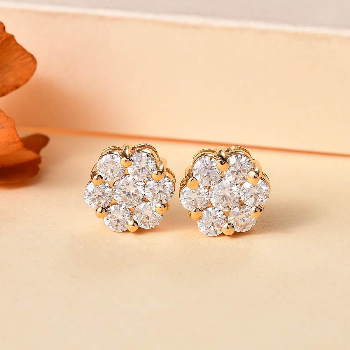 Moissanite Floral Stud Earrings in 18K Vermeil YG Over Sterling Silver 1.50 ctw image number 1