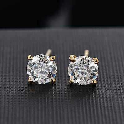 100 Facets Moissanite 1.50 ctw Solitaire Stud Earrings in 18K Vermeil Yellow Gold Over Sterling Silver