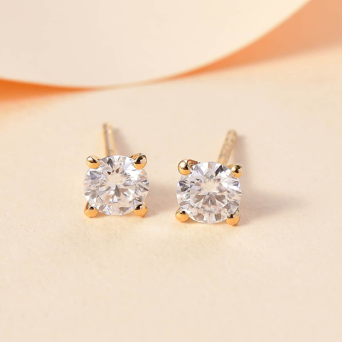 Moissanite 1.30 ctw Solitaire Stud Earrings in 18K Vermeil Yellow Gold Over Sterling Silver image number 1