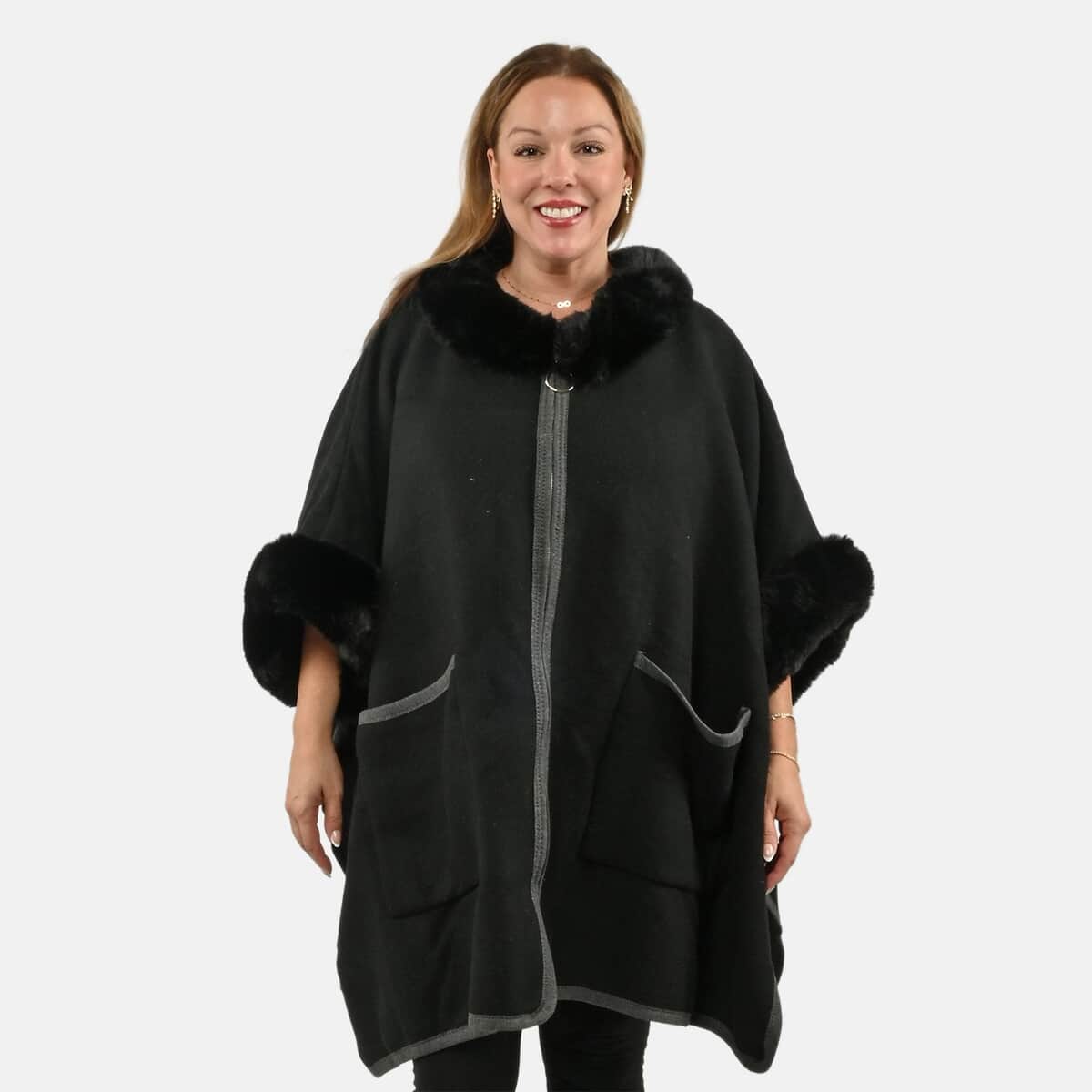 Instyle Black Faux Fur Ruana with Pockets - One Size Fits Most image number 0