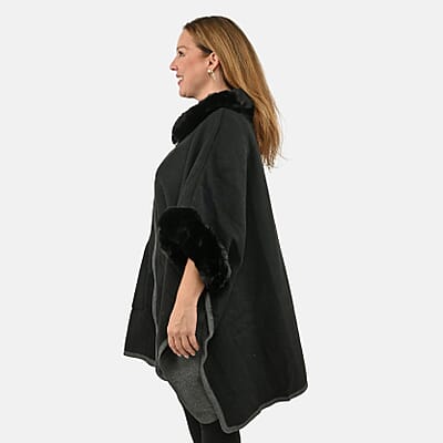 Instyle Black Faux Fur Ruana with Pockets - One Size Fits Most