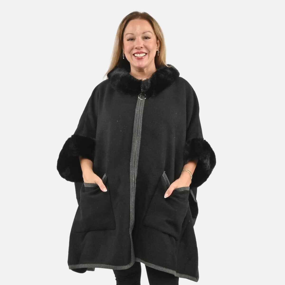 Instyle Black Faux Fur Ruana with Pockets - One Size Fits Most image number 3