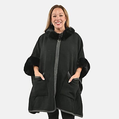 Instyle Black Faux Fur Ruana with Pockets - One Size Fits Most
