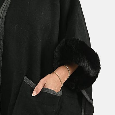 Instyle Black Faux Fur Ruana with Pockets - One Size Fits Most