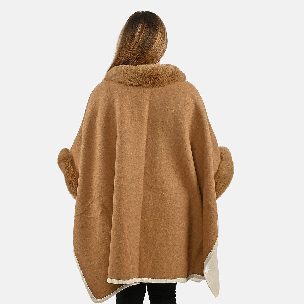 Instyle Camel Faux Fur Ruana with Pockets - One Size Fits Most image number 1