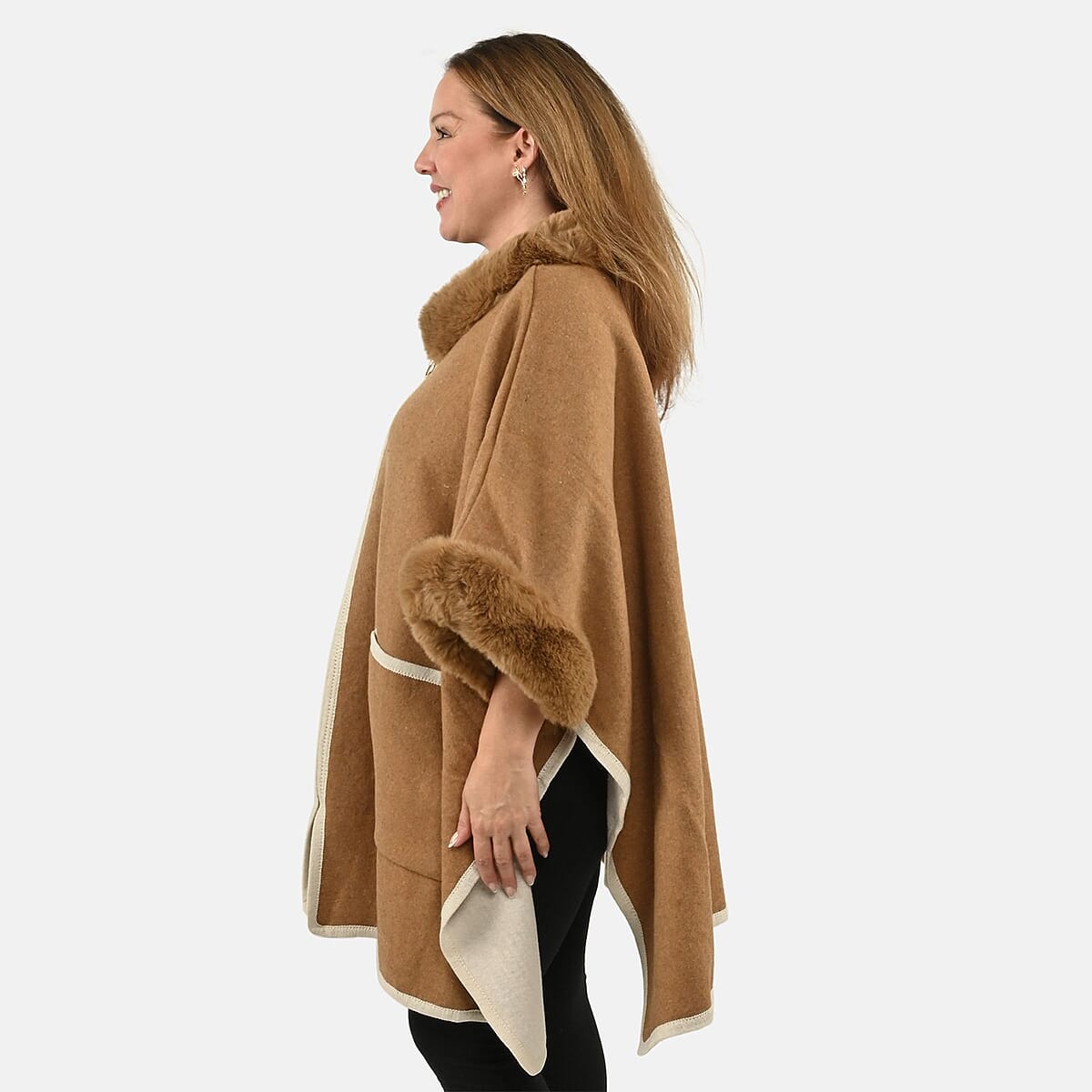 Instyle Camel Faux Fur Ruana with Pockets - One Size Fits Most image number 2