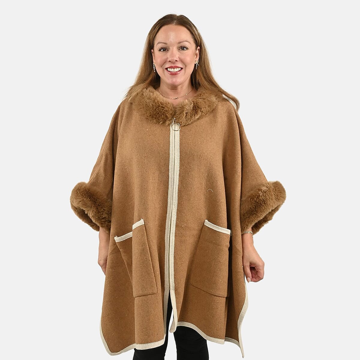 Instyle Camel Faux Fur Ruana with Pockets - One Size Fits Most image number 3