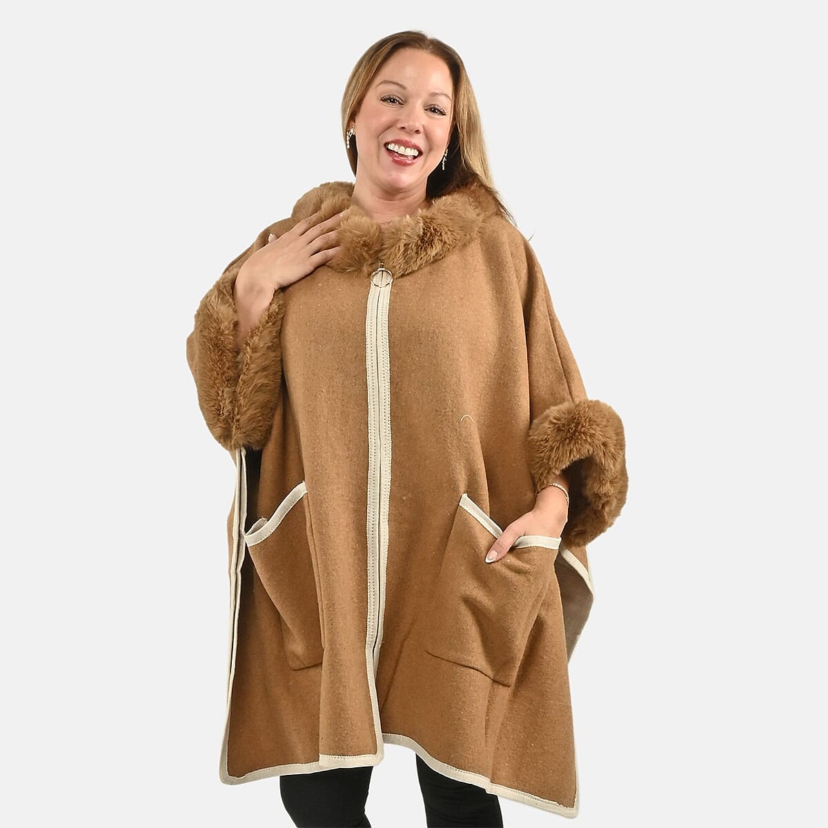 Instyle Camel Faux Fur Ruana with Pockets - One Size Fits Most image number 4