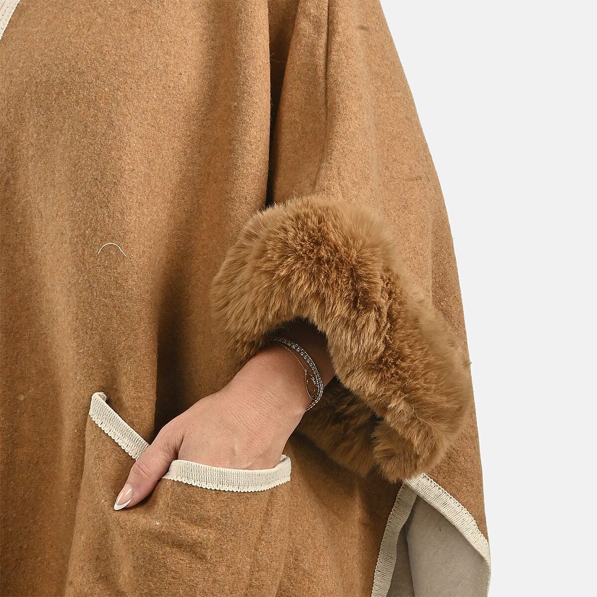 Instyle Camel Faux Fur Ruana with Pockets - One Size Fits Most image number 5