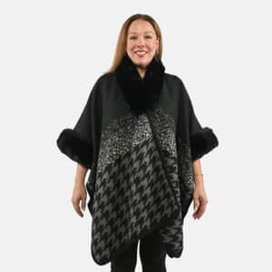 Instyle Black Checkered Faux Fur Ruana - One Size Fits Most