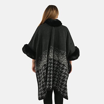 Instyle Black Checkered Faux Fur Ruana - One Size Fits Most
