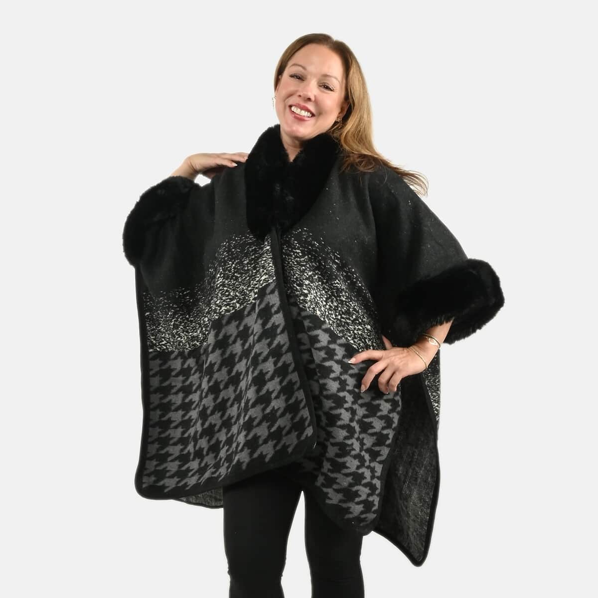 Instyle Black Checkered Faux Fur Ruana - One Size Fits Most image number 3