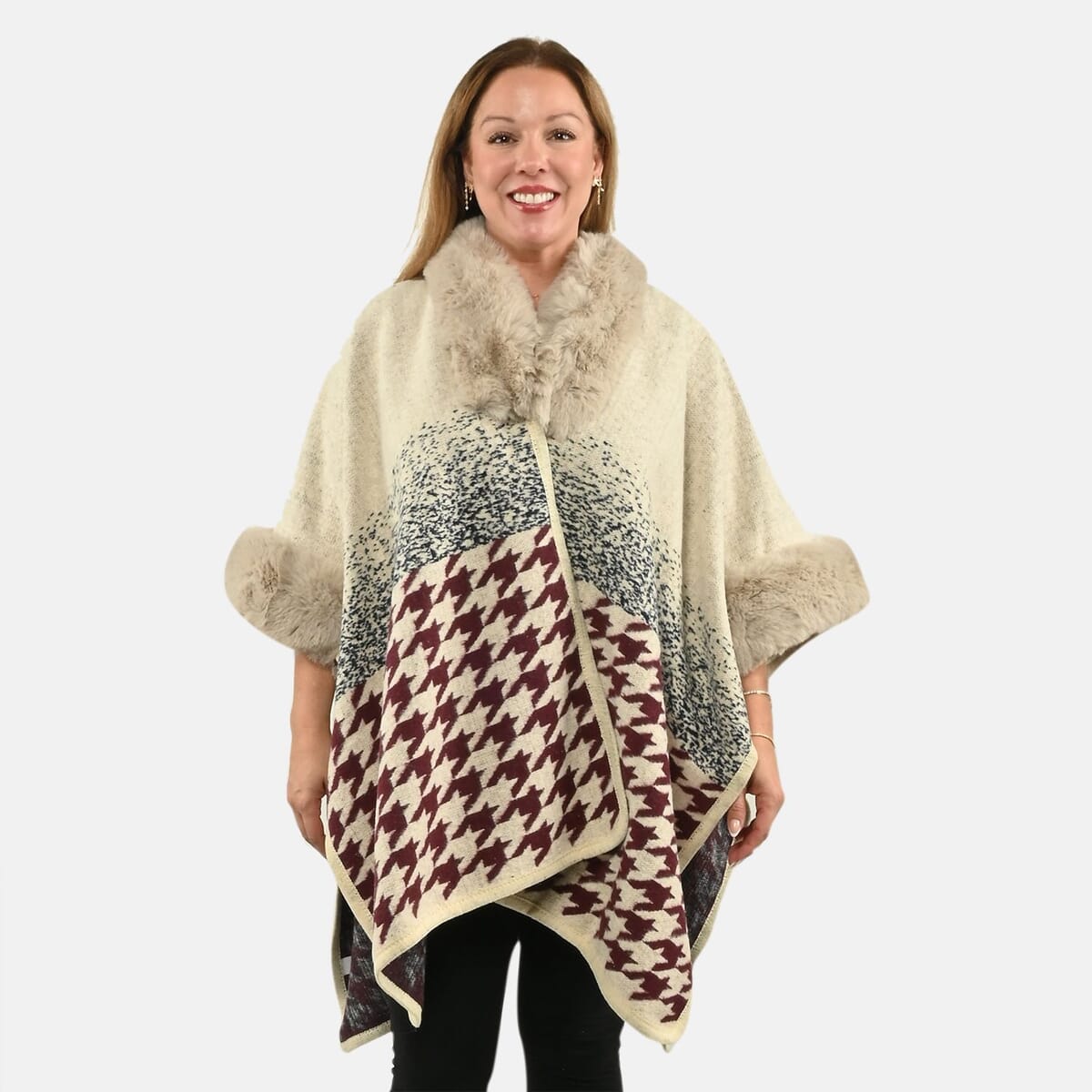 Instyle Beige Checkered Faux Fur Ruana - One Size Fits Most image number 0