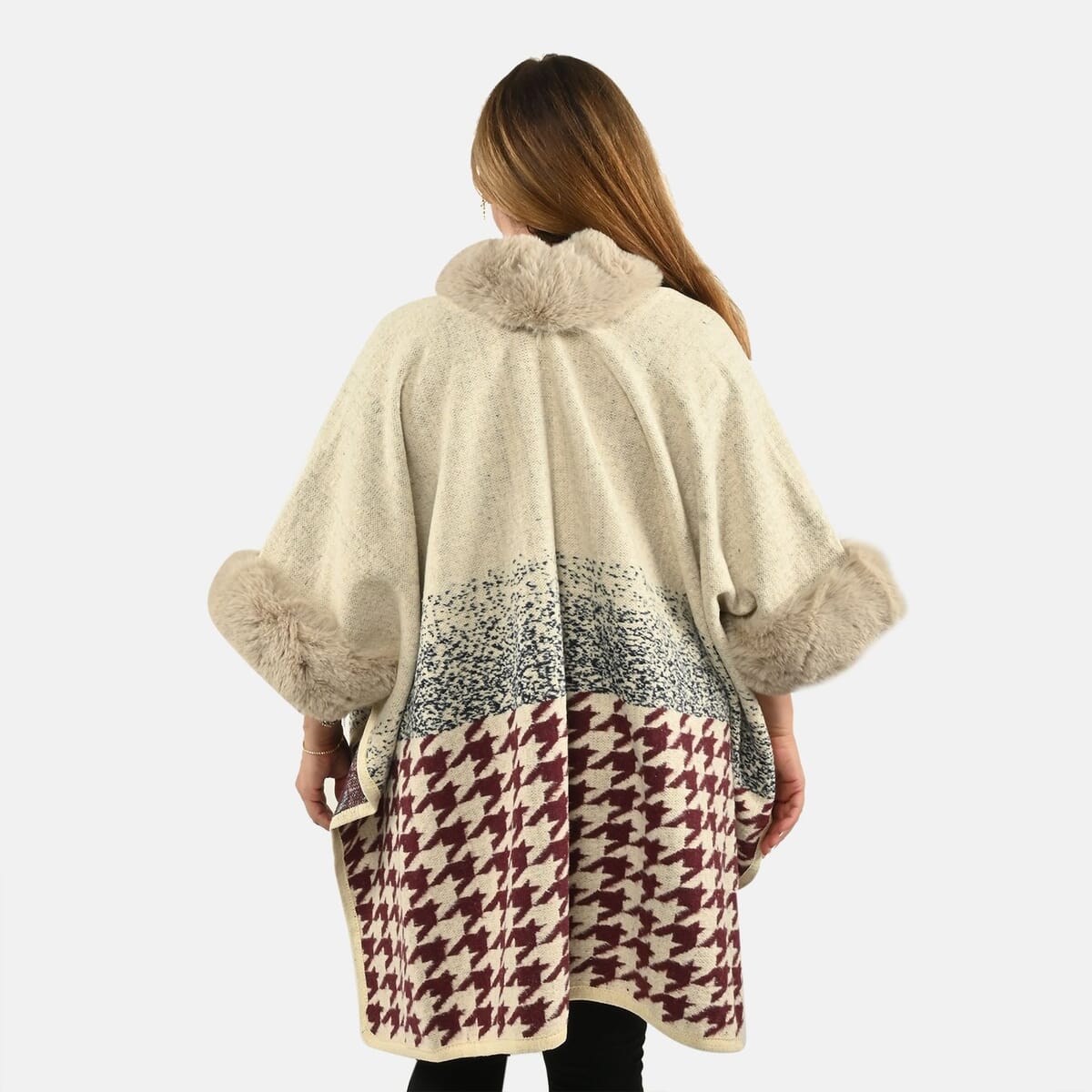 Instyle Beige Checkered Faux Fur Ruana - One Size Fits Most image number 1