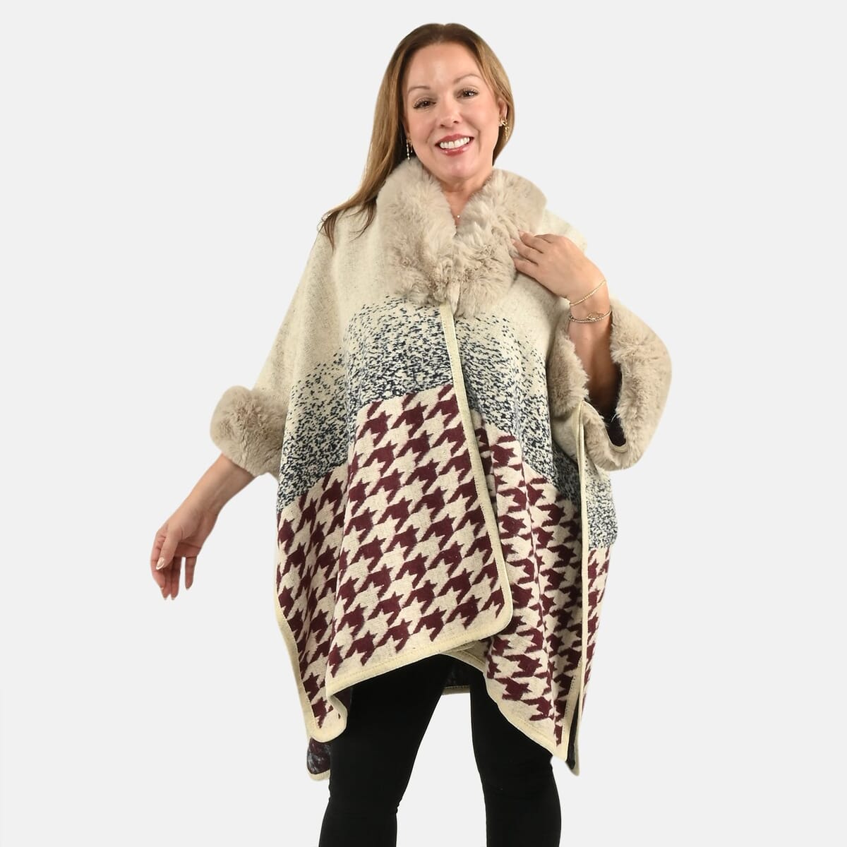Instyle Beige Checkered Faux Fur Ruana - One Size Fits Most image number 2
