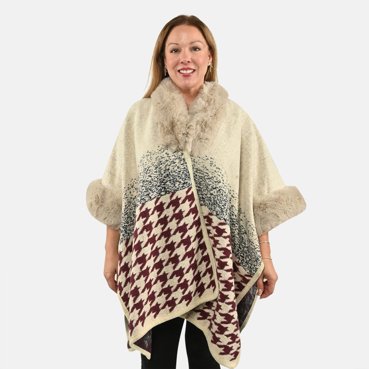 Instyle Beige Checkered Faux Fur Ruana - One Size Fits Most image number 3