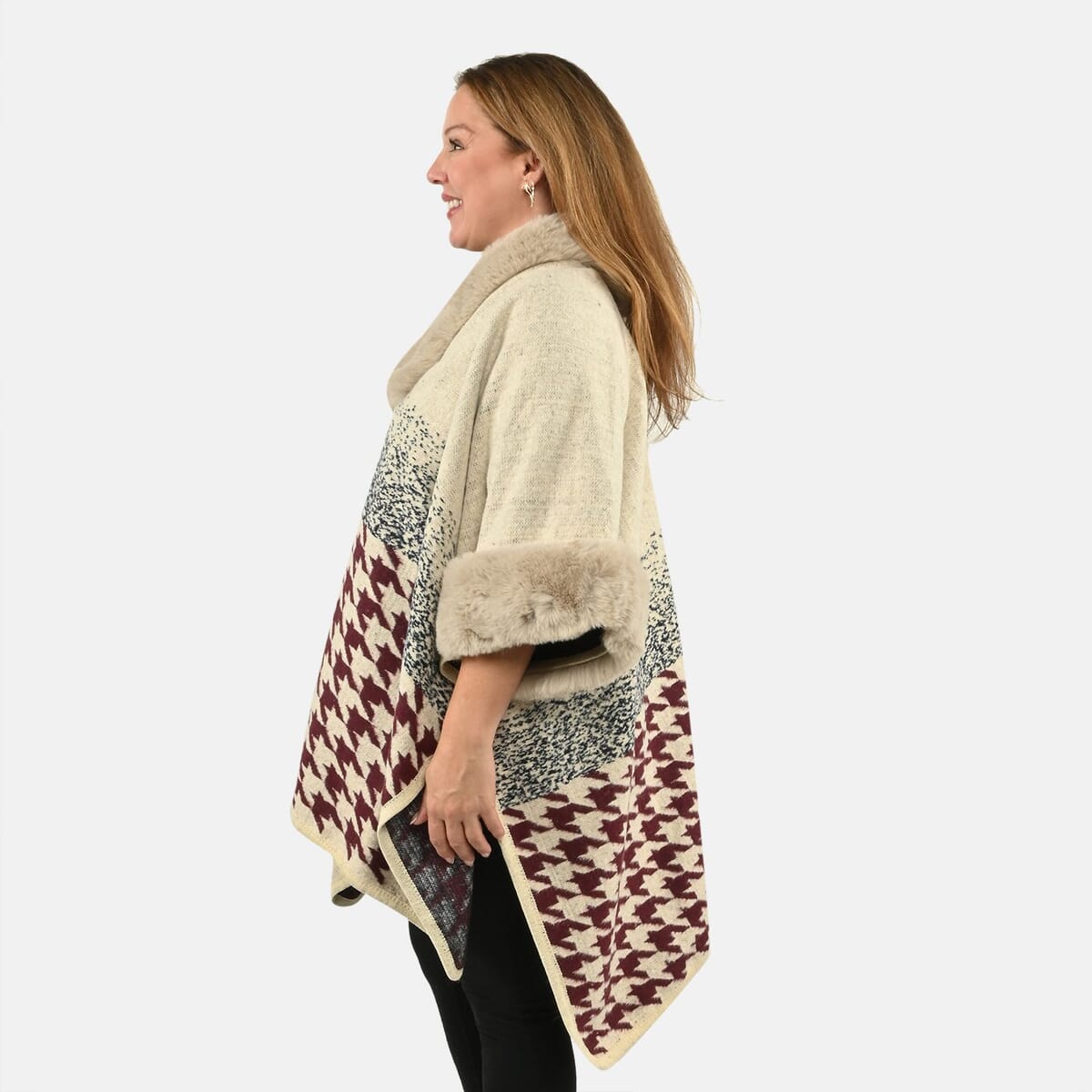 Instyle Beige Checkered Faux Fur Ruana - One Size Fits Most image number 4