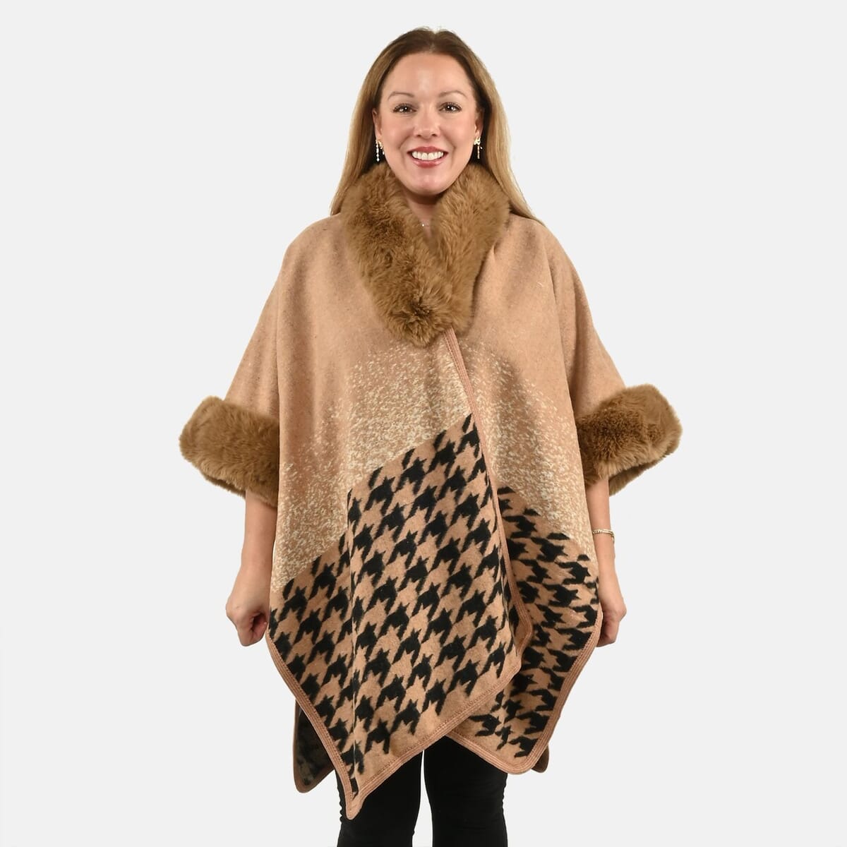 Instyle Camel Checkered Faux Fur Ruana - One Size Fits Most image number 0