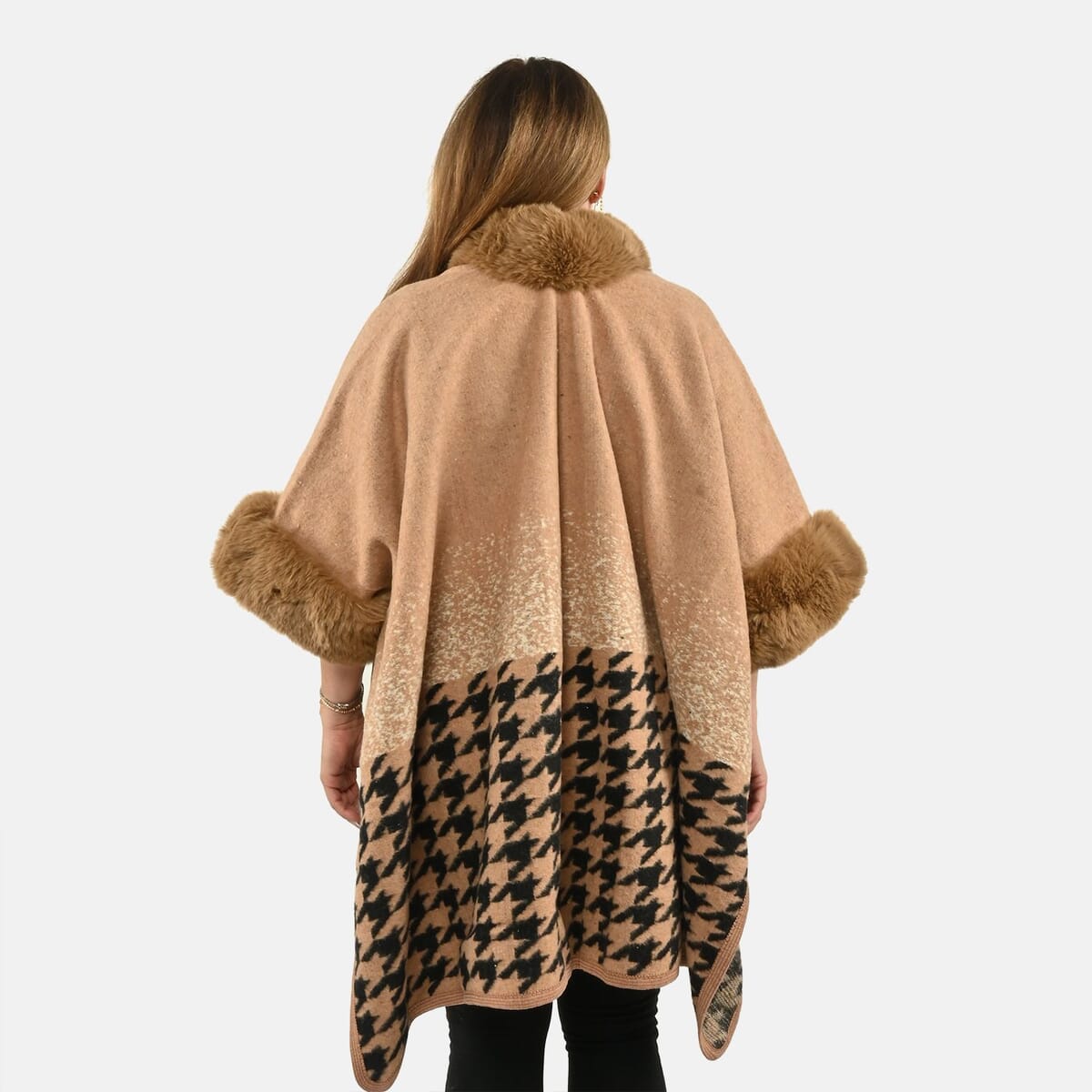 Instyle Camel Checkered Faux Fur Ruana - One Size Fits Most image number 1