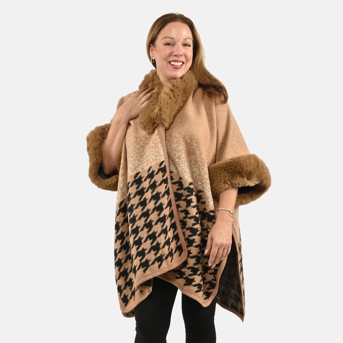 Instyle Camel Checkered Faux Fur Ruana - One Size Fits Most image number 2