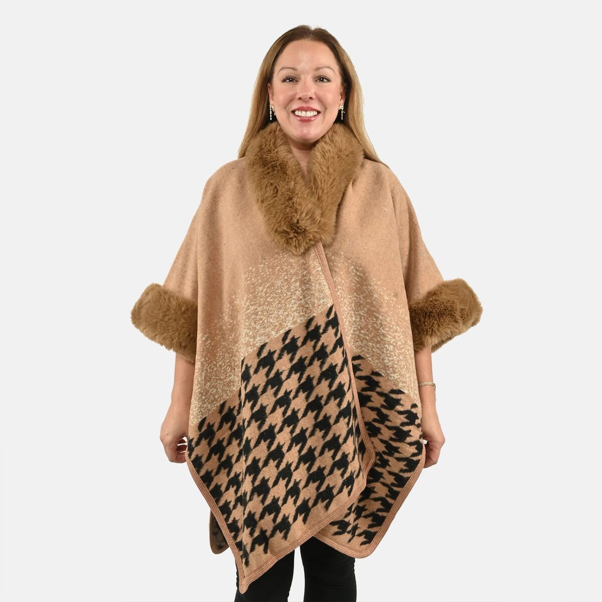Instyle Camel Checkered Faux Fur Ruana - One Size Fits Most image number 3