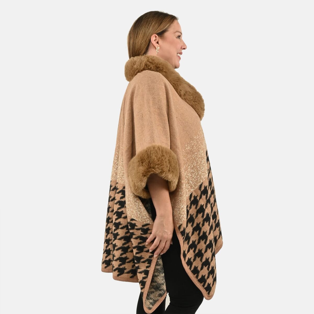 Instyle Camel Checkered Faux Fur Ruana - One Size Fits Most image number 4