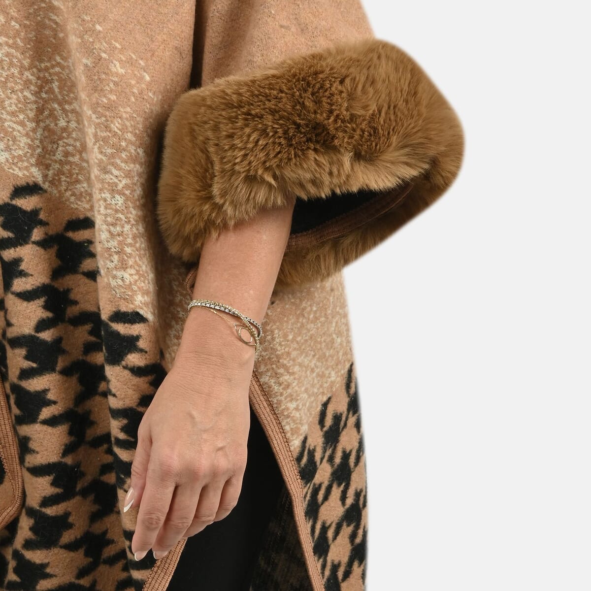 Instyle Camel Checkered Faux Fur Ruana - One Size Fits Most image number 5