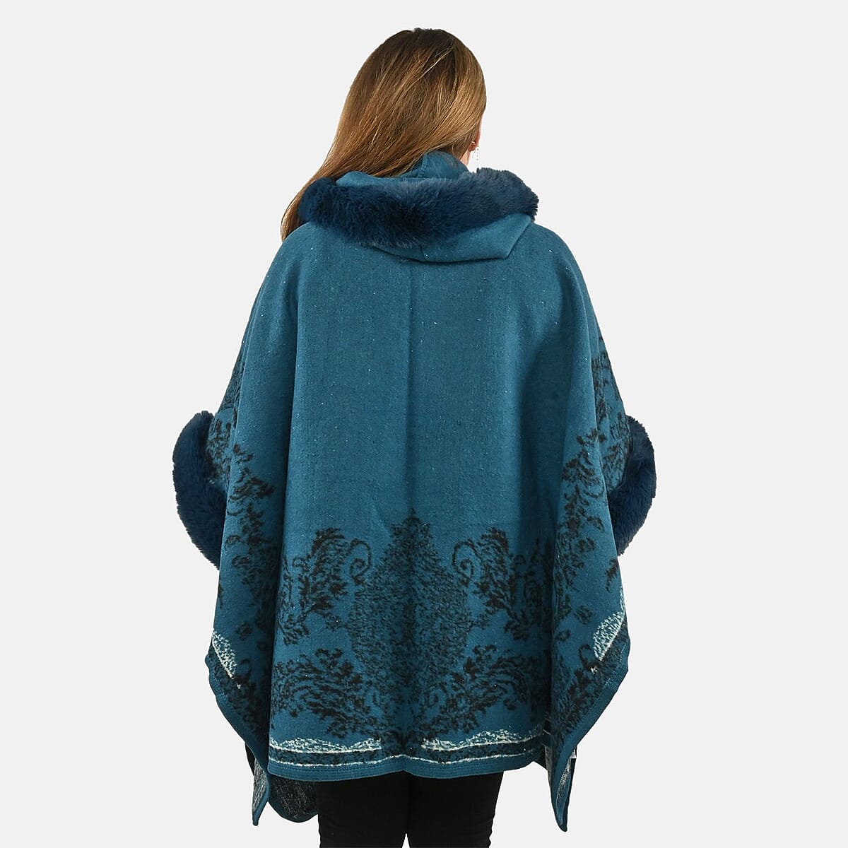 Instyle Blue Floral Faux Fur Ruana - One Size Fits Most image number 1