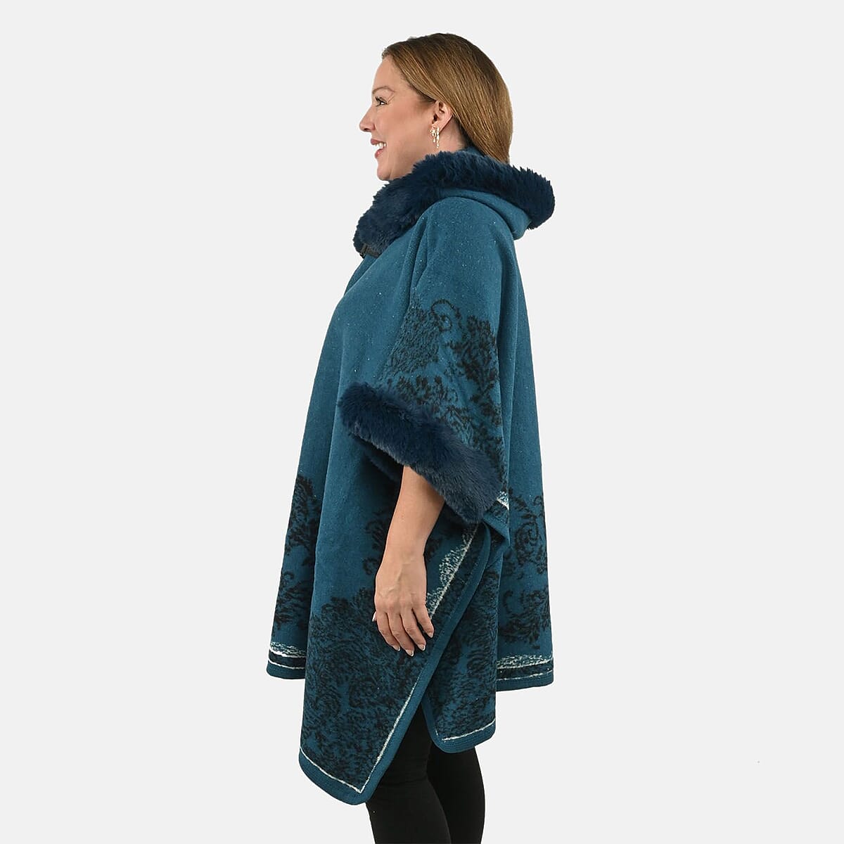Instyle Blue Floral Faux Fur Ruana - One Size Fits Most image number 2