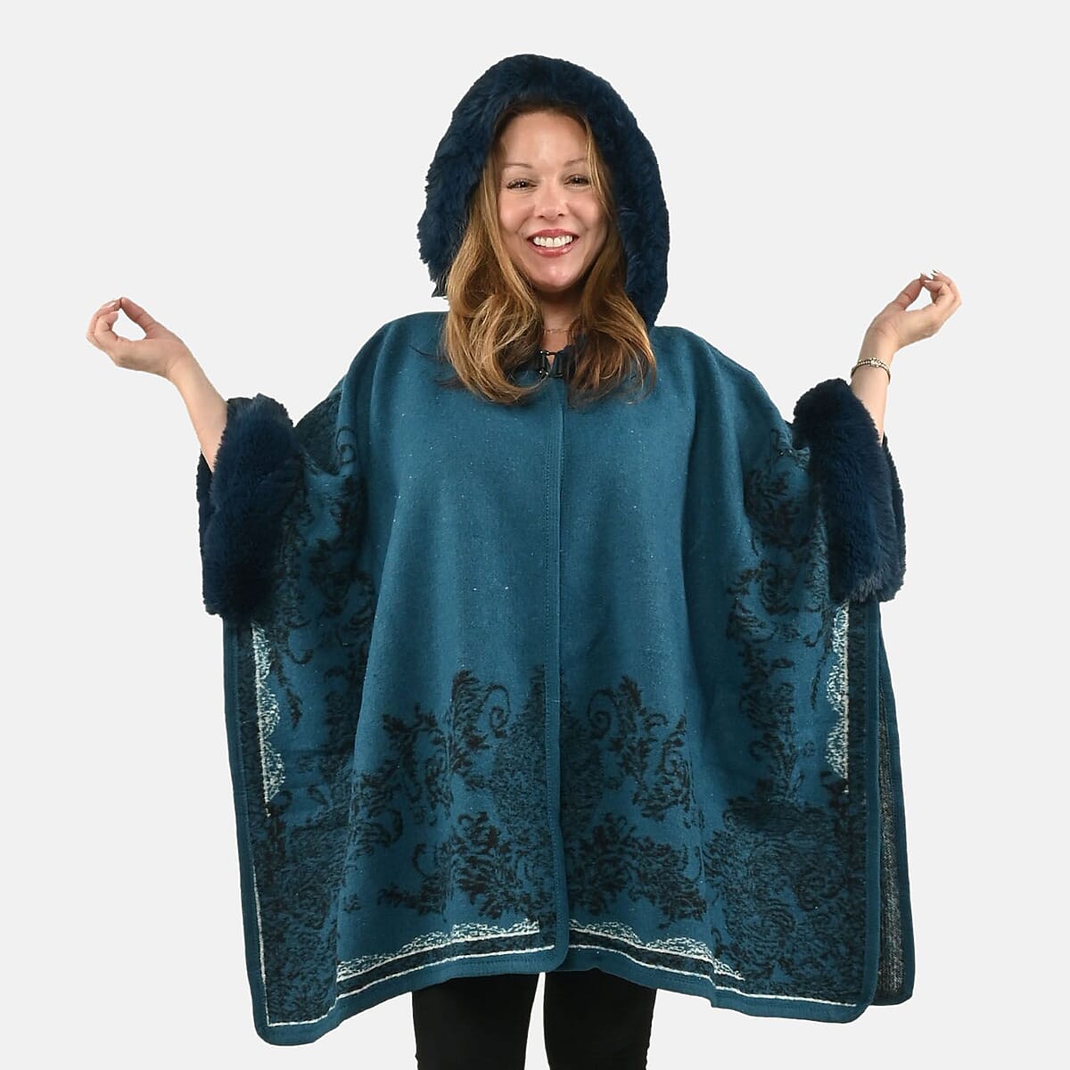 Instyle Blue Floral Faux Fur Ruana - One Size Fits Most image number 3