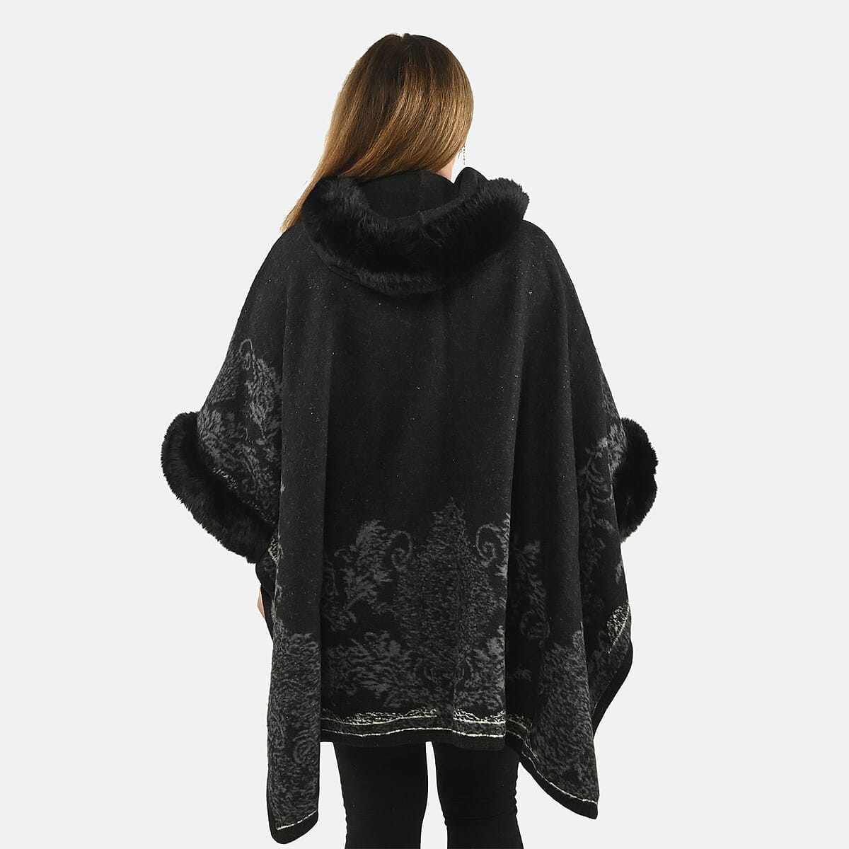 Instyle Black Floral Faux Fur Ruana - One Size Fits Most image number 1