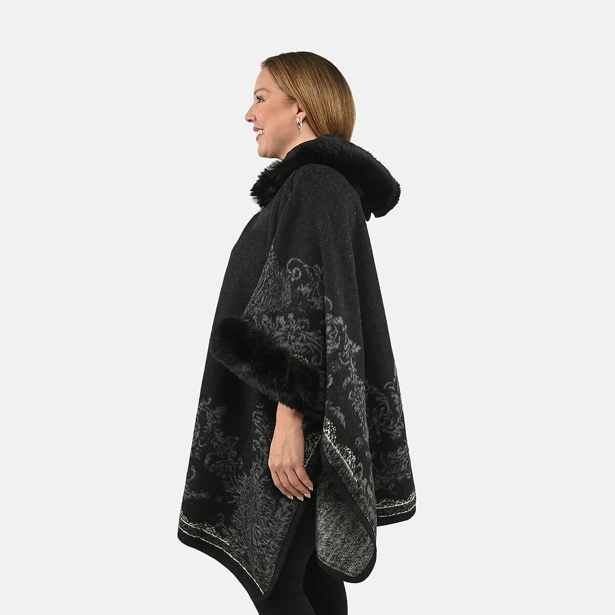Instyle Black Floral Faux Fur Ruana - One Size Fits Most image number 2