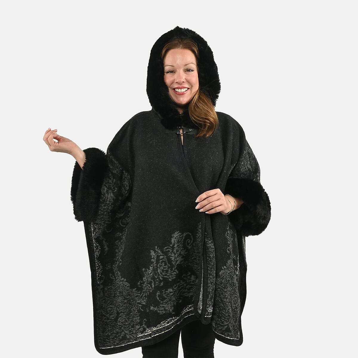 Instyle Black Floral Faux Fur Ruana - One Size Fits Most image number 3
