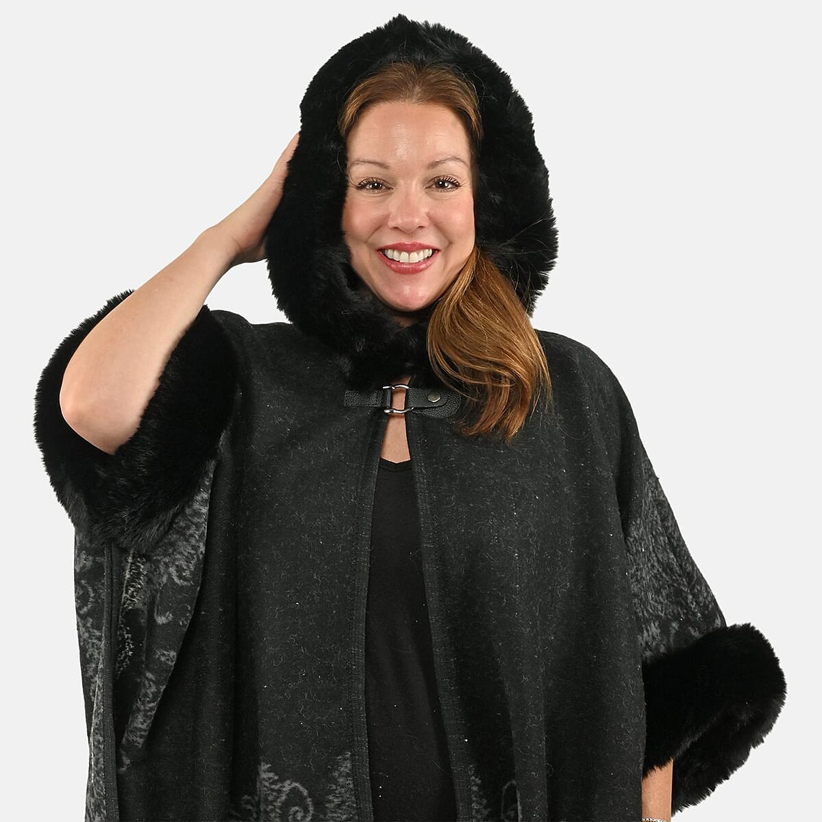 Instyle Black Floral Faux Fur Ruana - One Size Fits Most image number 4