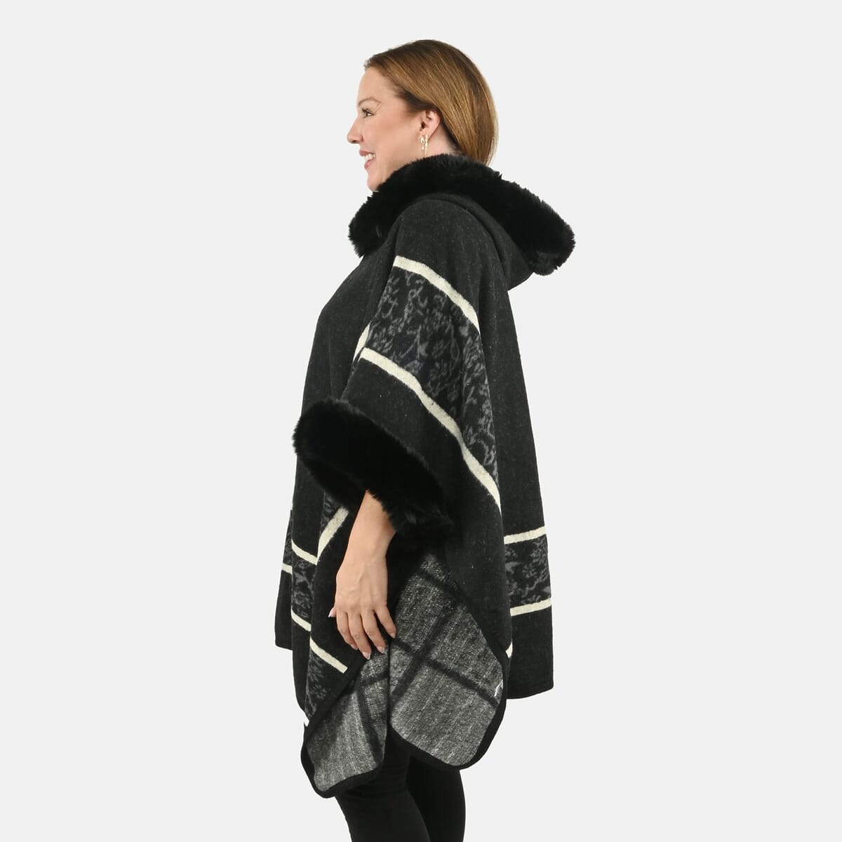 Instyle Black Plaid Faux Fur Ruana - One Size Fits Most image number 2