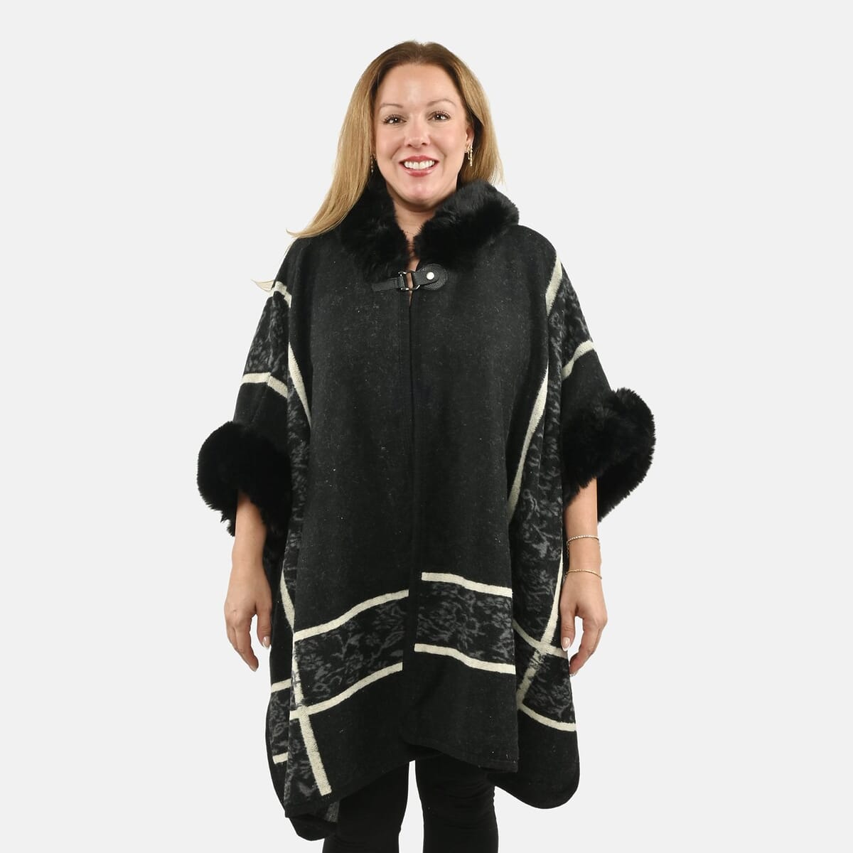 Instyle Black Plaid Faux Fur Ruana - One Size Fits Most image number 3