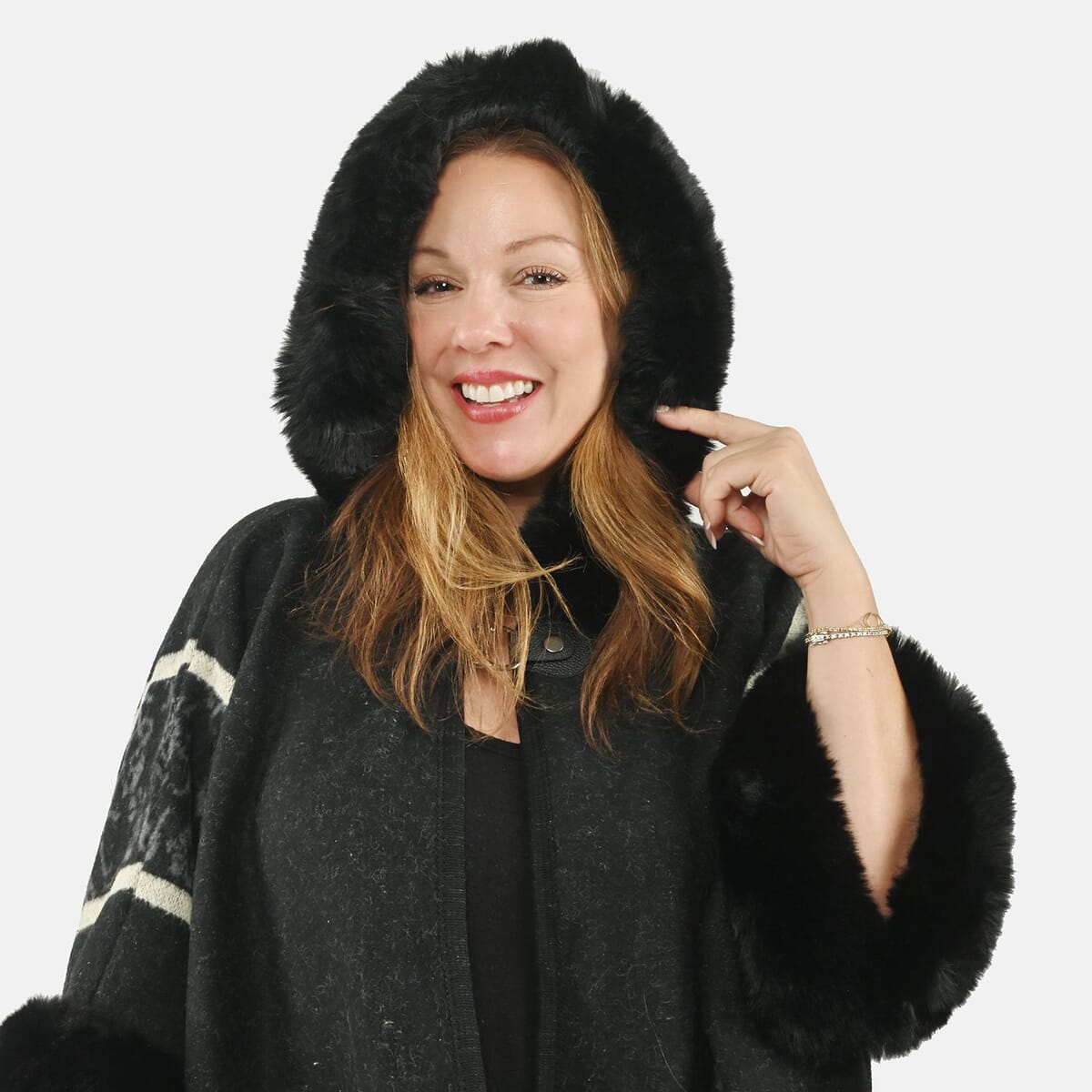 Instyle Black Plaid Faux Fur Ruana - One Size Fits Most image number 5