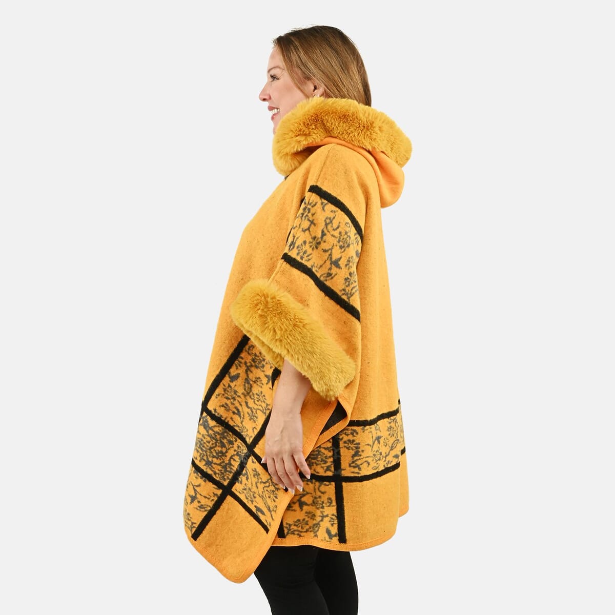 Instyle Yellow Plaid Faux Fur Ruana - One Size Fits Most image number 2