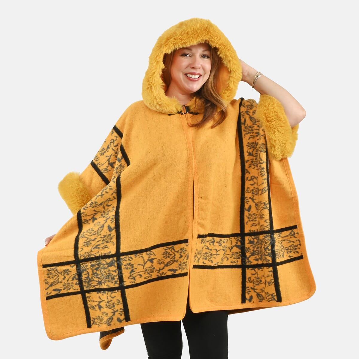 Instyle Yellow Plaid Faux Fur Ruana - One Size Fits Most image number 3