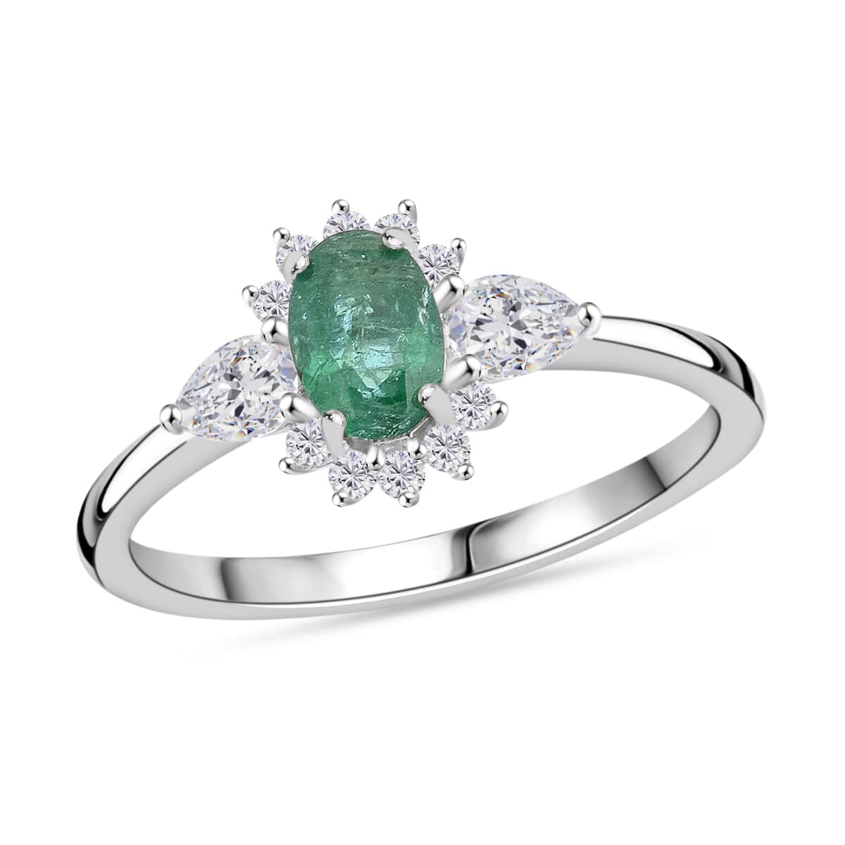 Premium Kagem Zambian Emerald and White Zircon 1.00 ctw Dewdrop Flower Ring in Rhodium Over Sterling Silver (Size 10.0)  image number 0