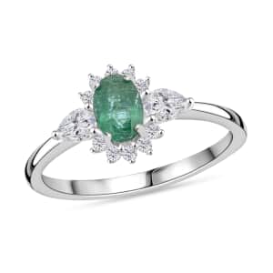 Premium Kagem Zambian Emerald and White Zircon 1.00 ctw Dewdrop Flower Ring in Rhodium Over Sterling Silver (Size 10.0) 