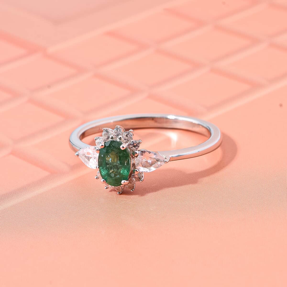 Premium Kagem Zambian Emerald and White Zircon 1.00 ctw Dewdrop Flower Ring in Rhodium Over Sterling Silver (Size 10.0)  image number 1