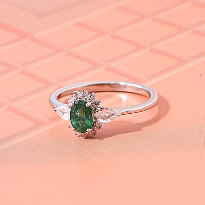 Premium Kagem Zambian Emerald and White Zircon 1.00 ctw Dewdrop Flower Ring in Rhodium Over Sterling Silver (Size 10.0) 