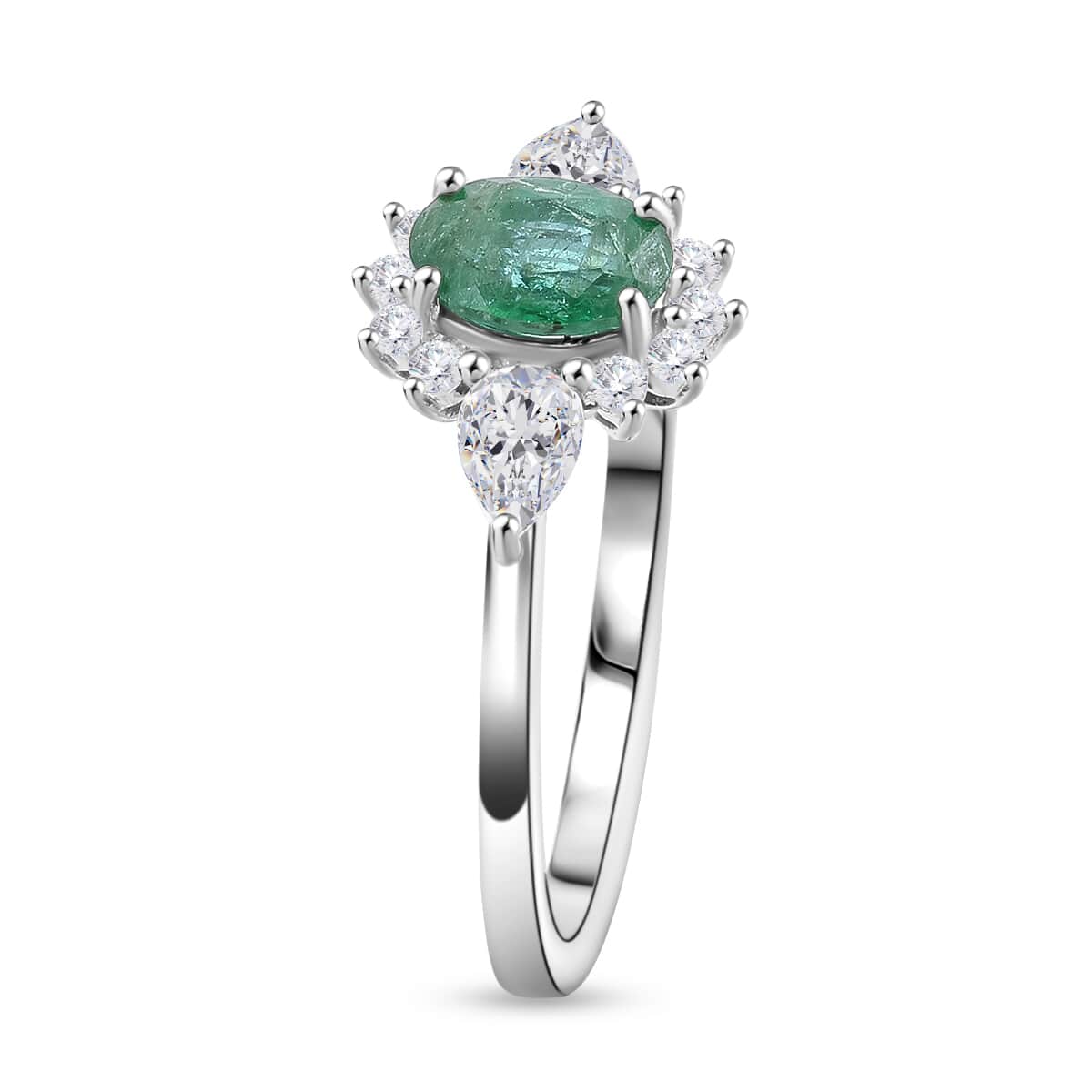 Premium Kagem Zambian Emerald and White Zircon 1.00 ctw Dewdrop Flower Ring in Rhodium Over Sterling Silver (Size 10.0)  image number 3