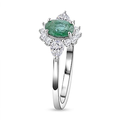 Premium Kagem Zambian Emerald and White Zircon 1.00 ctw Dewdrop Flower Ring in Rhodium Over Sterling Silver (Size 10.0) 