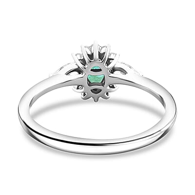 Premium Kagem Zambian Emerald and White Zircon 1.00 ctw Dewdrop Flower Ring in Rhodium Over Sterling Silver (Size 10.0) 
