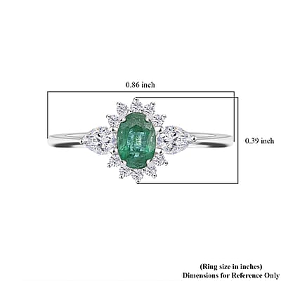 Premium Kagem Zambian Emerald and White Zircon 1.00 ctw Dewdrop Flower Ring in Rhodium Over Sterling Silver (Size 10.0) 